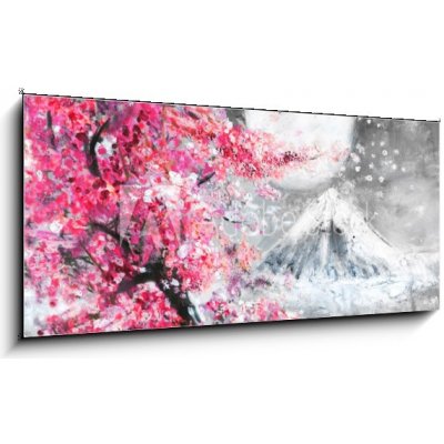 Obraz 1D panorama - 120 x 50 cm - oil painting landscape with sakura and mountain, hand drawn illustration, Japan olejomalba krajina se sakurou a horami, ručně kreslené