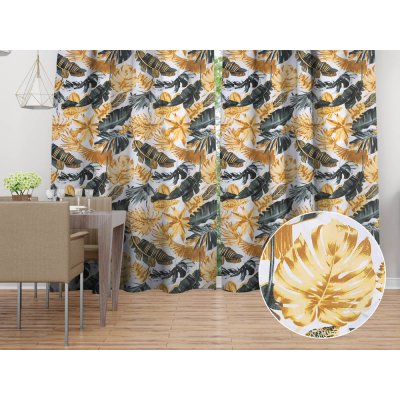 Biante Bavlněný závěs Sandra SA-388 Šedozelené a zlaté tropické listy na bílém 150x200 cm – Hledejceny.cz