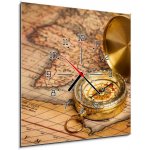 Obraz s hodinami 1D - 50 x 50 cm - Old vintage golden compass on ancient map Starý ročník zlatého kompasu na staré mapě