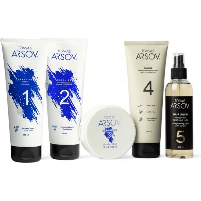 Tomas Arsov Podpora studených tónů pro blond vlasy a šediny SAPPHIRE Šampon 250 ml + Kondicionér 250 ml + Maska 100 ml + BONFIRE Bezoplach. kondic. 250 ml + HAIR LIQUID Keratin. voda 200 ml set – Sleviste.cz