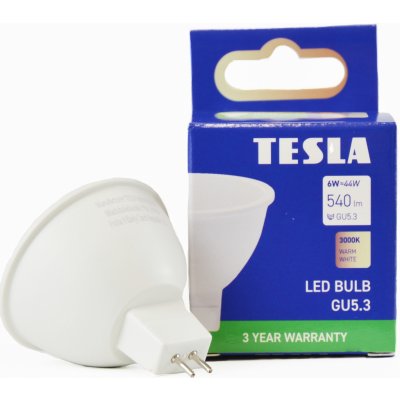 Tesla LED žárovka GU5,3 MR16, 6W, 12V, 540lm, 25 000h, 3000K teplá bílá, 100st