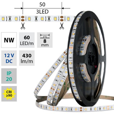 ML-121.830.60.0 SMD2835 NW, 60LED/m, 4,8W/m, DC 12V, 430lm/m, CRI90, IP20, 8mm – Sleviste.cz