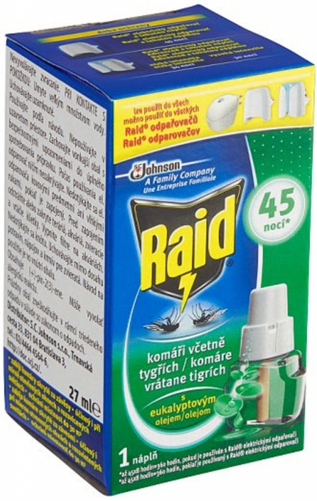 Raid elektrický odpařovač s eukalyptovým olejem proti komárům náhradní náplň 45 nocí 27 ml