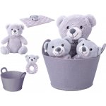 Mikro trading Medvídek plyšový 20 cm sedící s chrastítkem a usínáčkem v košíku šedá – Zbozi.Blesk.cz