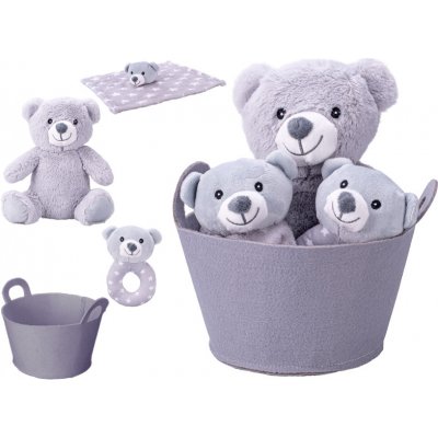 Mikro trading Medvídek plyšový 20 cm sedící s chrastítkem a usínáčkem v košíku šedá – Zbozi.Blesk.cz