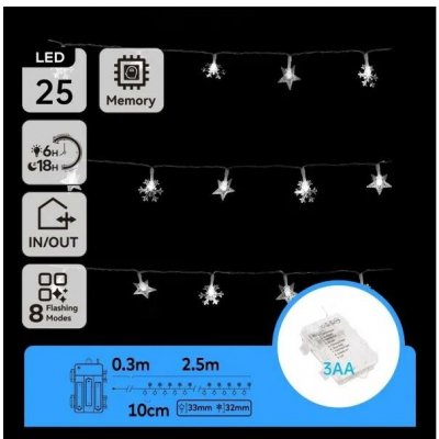 Aigostar LED Ven. ván. řetěz 25xLED/8 funkcí 3xAA 2,5m IP44 studená bílá B10303K51 – Sleviste.cz