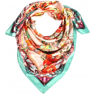 Classic Scarf dámský tyrkysový šátek na krk s růžovým středem barevnými růžemi a ornamenty – Zboží Mobilmania