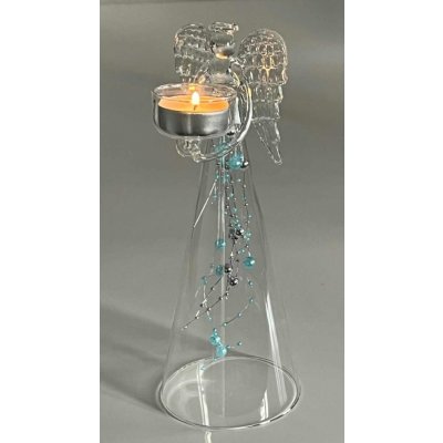 Anděl čirý s modrými skleněnými perlami na čajovou svíčku výška 25cm – Zboží Mobilmania