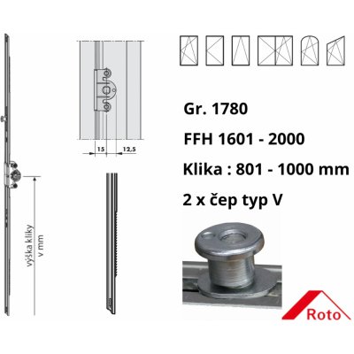 Roto převodová lišta NT variabilní D15 1780 / 1601-2000 x 801-1000 mm počet čepů / 2 / V 355746 – Sleviste.cz