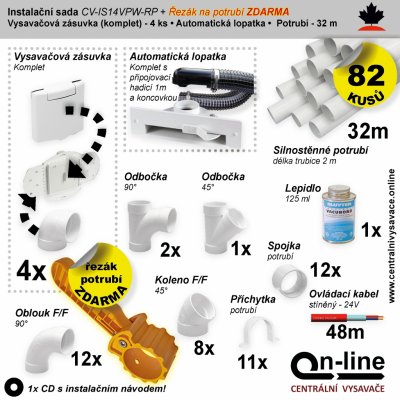 Instalační komplet centrálního vysávání - zásuvka (4 ks), podlahová štěrbina (1 ks), řezák potrubí(1 ks), potrubí (32 m), potrubní díly (82 dílů). Určeno pro centrální vysavače a centrální vysávání. – Zbozi.Blesk.cz