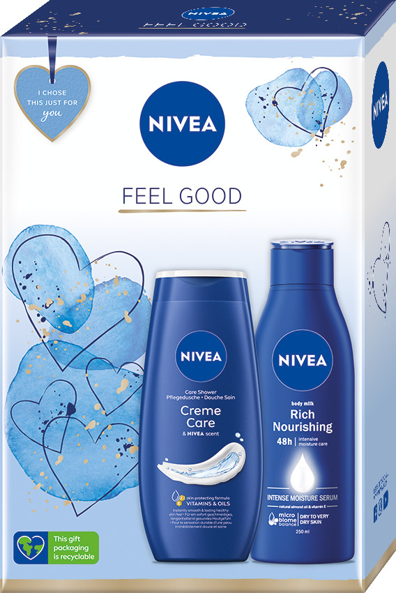 Nivea Feel Good sprchový gel Creme Care 250 ml + tělové mléko Body Milk Rich Nourishing 250 ml dárková sada