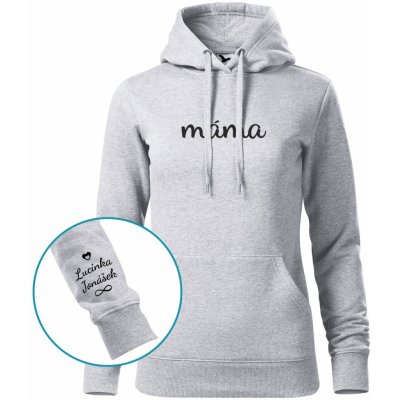 Dámská mikina s kapucí MÁMA a jména dětí na rukávu SVĚTLE šedý melír Černý – Zboží Dáma