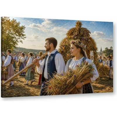 Obraz na plátně – Lidé v krojích se snopy obilí 150 × 100 cm – Hledejceny.cz