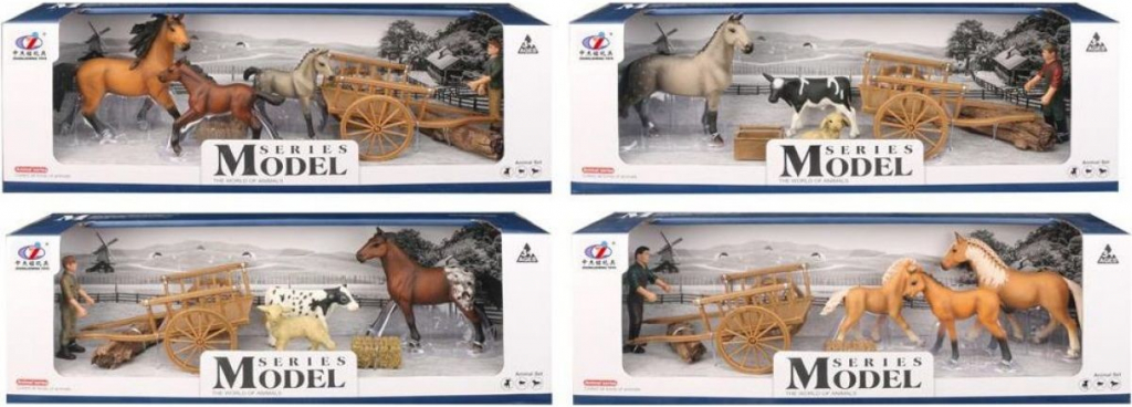 EP Line Series Model Svět zvířat sada s figurkou trakařem a koňmi světle a tmavě hnědý a šedý koník