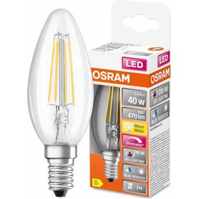 Osram Stmívatelná LED žárovka E14 SVÍČKA 3,4W = 40W 470lm 2700K Teplá bílá FILAMENT – Hledejceny.cz