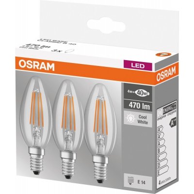 Osram sada 3x LED filamentová žárovka E14, Candle, 4W, 470lm, 4000K, neutrální bílá – Zbozi.Blesk.cz