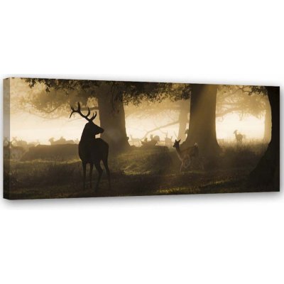 Obraz na plátně, Jelen v lese Fog Brown - 90x30 cm – Zbozi.Blesk.cz