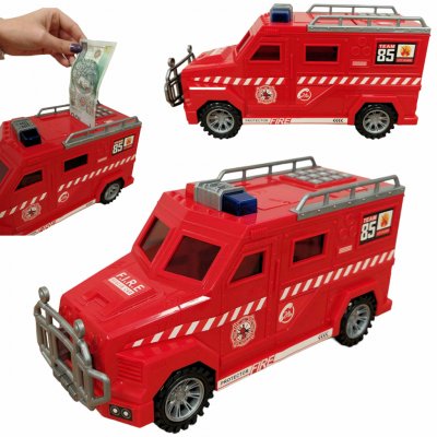Lebula pokladnička na mince bankovky prasátko dárek na peníze otevírací interaktivní auto hasičský vůz – Zboží Mobilmania
