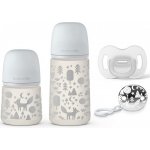 Suavinex sada lahev 270ml + 150ml + šidítko celosilikon klip Fox šedá – Hledejceny.cz