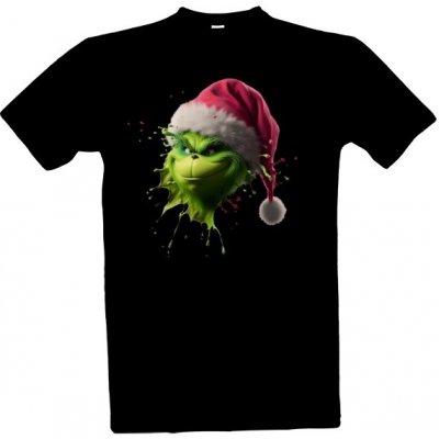 Tričko s potiskem Vánoční Grinch rozprsklý 2 pánské černá – Zboží Dáma