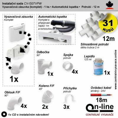 Instalační komplet rozvodů centrálního vysávání - zásuvka (1 ks), podlahová štěrbina (1 ks), potrubí (12 m), potrubní díly (31 dílů). Určeno pro centrální vysavače a centrální vysávání.