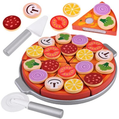 mamido Dřevěná pizza na krájení na suchý zip s doplňky 27 kusů – Zboží Mobilmania