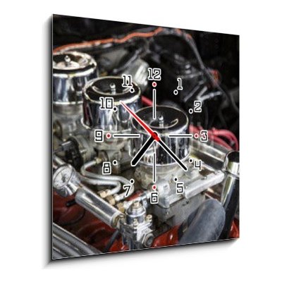 Obraz s hodinami 1D - 50 x 50 cm - Under the Hood View of Restored Vintage Automobile Engine with Tri-Power Show-Chrome Carburetors Pod pokličkou Pohled na Obnovený Vint