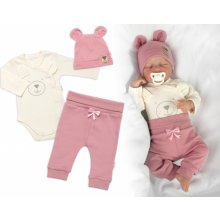 Baby Nellys Zavinovací body dl.rukáv tepláčky a čepička Little Bear pudrová