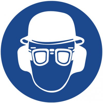 Značka Používej ochrannou přilbu, brýle a chrániče sluchu!, samolepicí fólie, Ø 200 mm – Zboží Mobilmania