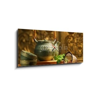 Obraz s hodinami 1D panorama - 120 x 50 cm - Asian herb tea on an old rustic table Asijské bylinné čaje na starém rustikálním stolku – Zboží Mobilmania
