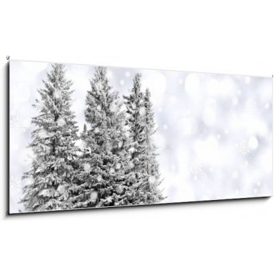 Obraz 1D panorama - 120 x 50 cm - Snowy trees with twinkling silver background and snowflakes Zasněžené stromy s blikajícím stříbrným pozadím a sněhové vločky – Zboží Mobilmania