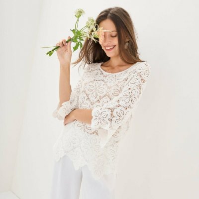 Macramé halenka s rozšířenými 7/8 rukávy bílá – Zboží Mobilmania