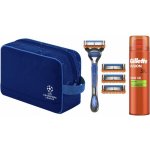 Gillette Fusion5 gel na holení 200 ml + Fusion5 Champions League holicí strojek 1 ks + Gillette Fusion5 náhradní břity 4 ks + kosmetická taška 1 ks – Sleviste.cz