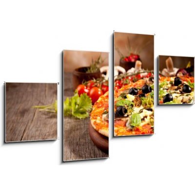 Obraz 4D čtyřdílný - 100 x 60 cm - Delicious fresh pizza served on wooden table Chutná čerstvá pizza podávaná na dřevěném stole – Zboží Mobilmania