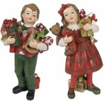 2ks vánoční dekorace chlapec a dívka s dárečky 7*6*13 7*5*13 cm