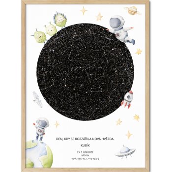 Hvězdná mapa Vašeho životního okamžiku Rozměr plakátu: 50 x 70 cm, Barva pozadí: Kosmonaut, Volba rámu: Lípa dřevěný rám
