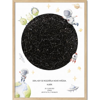 Hvězdná mapa Vašeho životního okamžiku Rozměr plakátu: 50 x 70 cm, Barva pozadí: Kosmonaut, Volba rámu: Lípa dřevěný rám – Zboží Mobilmania