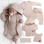 Baby Nellys Žebrovaná rostoucí souprava 4D, zavin. body kalhoty kabátek a čepička béžová – Zboží Mobilmania
