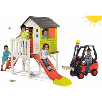 Smoby Set detský domček na pilieroch Pilings House s 1,5 m šmykľavkou+vysokozdvižný vozík na šliapanie Linde s paletou SM810800-20 – Zboží Dáma