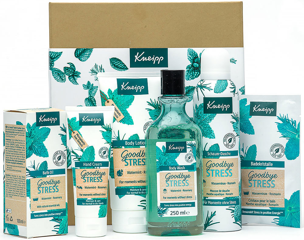 Kneipp Goodbye Stress sprchová pěna 200 ml + sprchový gel 250 ml + tělové mléko 200 ml + koupelový olej 100 ml + krém na ruce 75 ml + sůl do koupele 60 g dárková sada