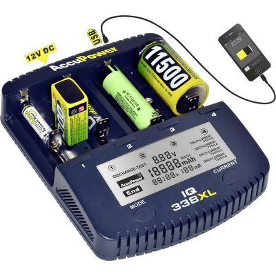 AccuPower IQ338XL nabíječka akumulátorů NiCd, NiMH, Li-Ion 10340 , 10350 , 10440, 10500 , 12500 , 12650 , 13500 , 13650 – Zboží Živě