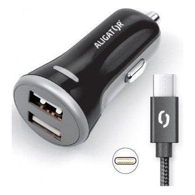 Adaptér do auta Aligator 2xUSB, smart IC, 3, 4A + USB-C kabel - černý – Zboží Živě