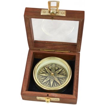 SEA CLUB Kompas mosazný antik 3D s větrnou ružicí v dřevěné krabičce 9382B