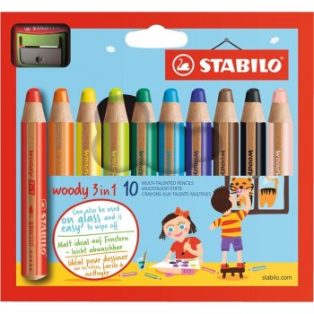 STABILO Barevná pastelka "Woody" 3v1 pastelka vodovka voskovka 10ks Pouzdro