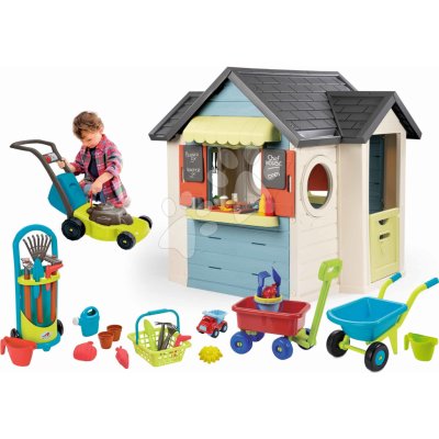 Smoby Set domeček s restaurací a obchodom Chef House Life rozšiřitelný a sekačka s kolečkem a vozík s kbelíkem a zahradním nářadím – Zboží Dáma