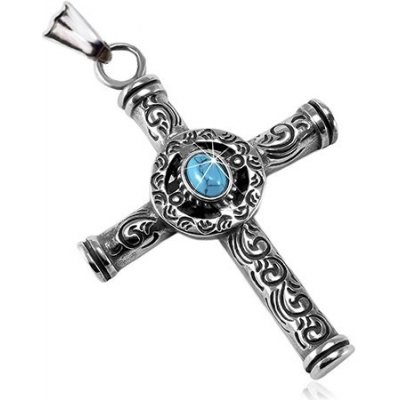 Šperky eshop Mohutný přívěsek z oceli 316L patinovaný keltský kříž s modrým oválem SP82.19