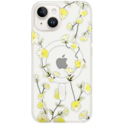 Pouzdro AppleKing transparentní se vzorem květin a MagSafe iPhone 14 - žluté