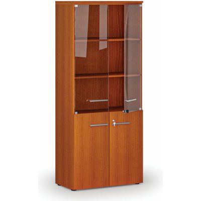 Primo Kombinovaná kancelářská skříň WOOD s dřevěnými a skleněnými dveřmi, 1781 x 800 x 420 mm, třešeň – Zboží Dáma