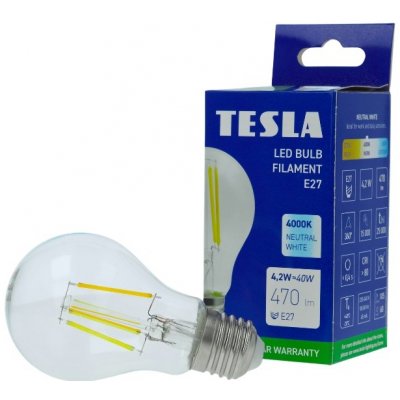 Tesla LED žárovka FILAMENT RETRO BULB, E27, 4,2W, 230V, 470lm, 25 000h, 4000K denní bílá, 360st,čirá