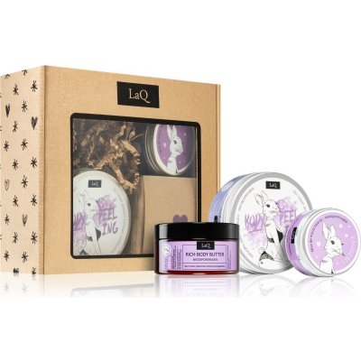 LaQ Bunny cukrový tělový peeling 200 ml + jemná čisticí pěna 100 ml + vyživující tělový krém 200 ml – Hledejceny.cz